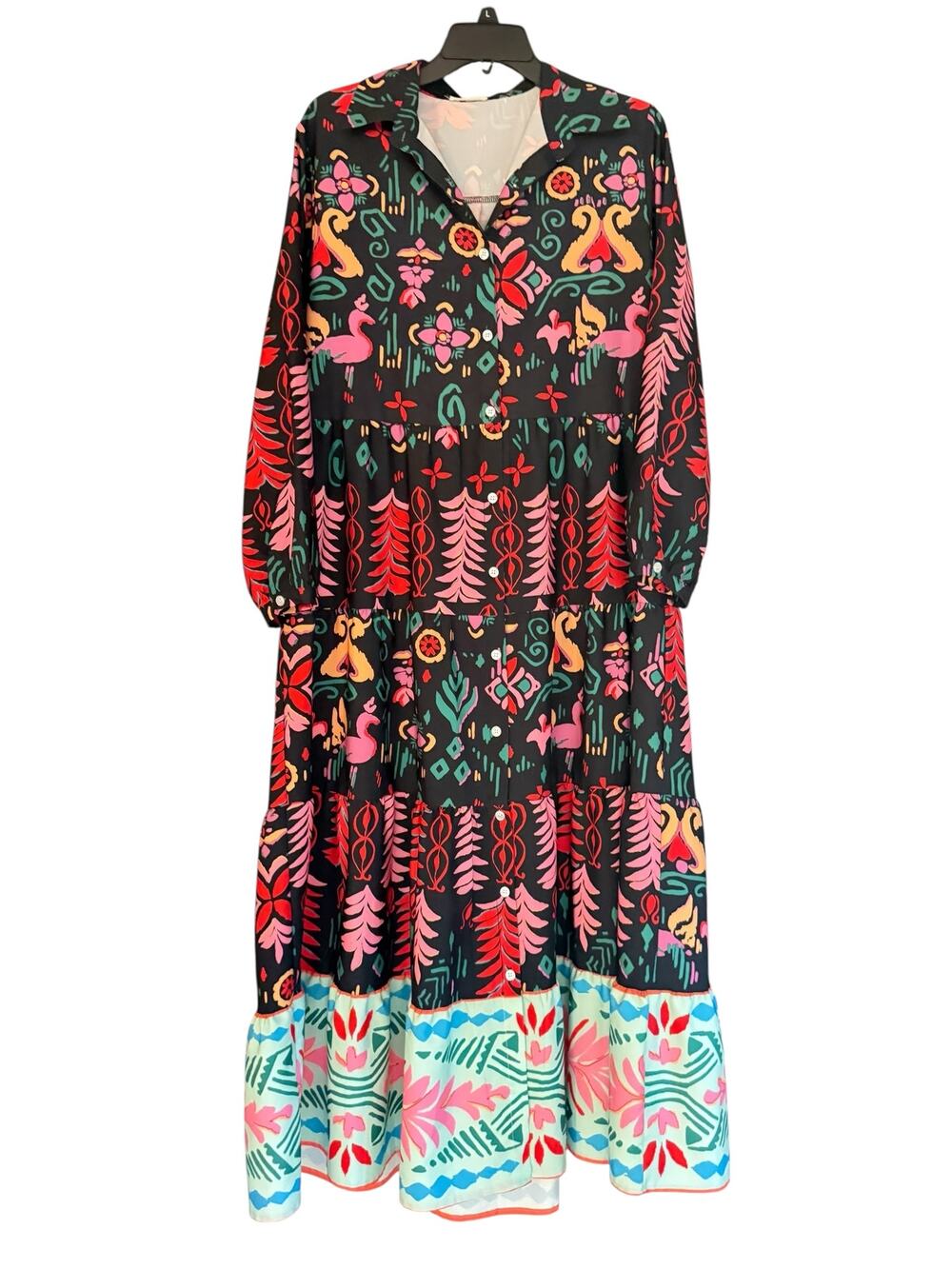 Sundayup Women’s Large Boho Folk Art Tiered Maxi Dress Button Front Colorful